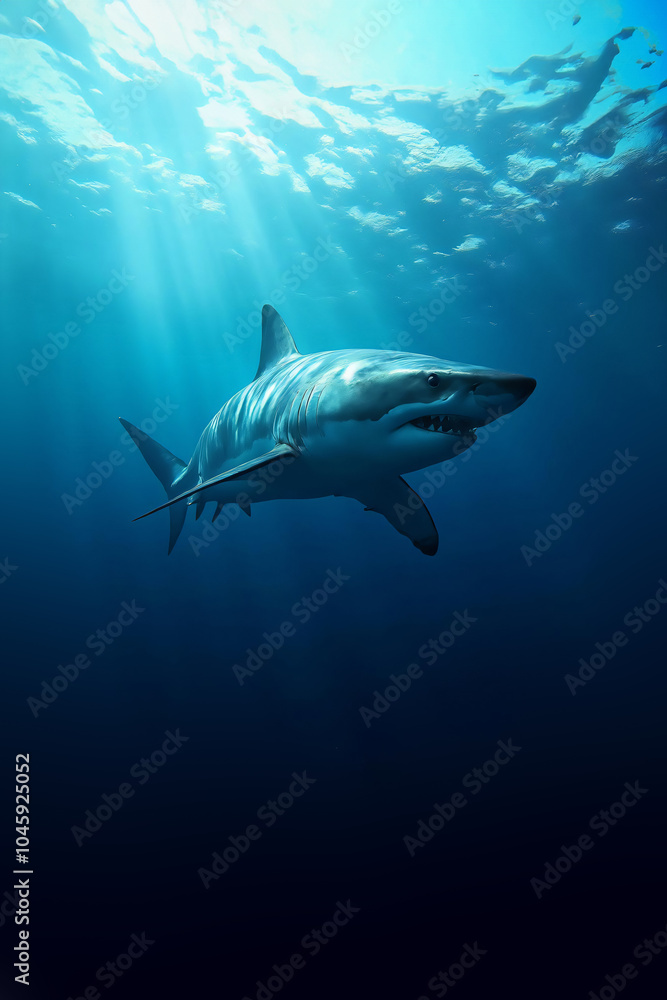 Fototapeta premium great white shark swimming in the deep blue ocean