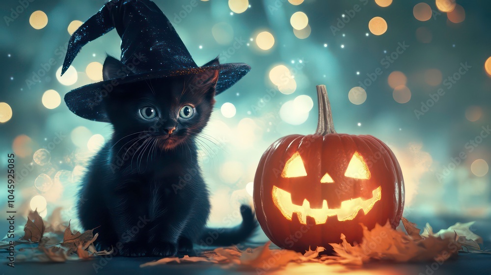 A black kitten wearing a witch's hat sits beside a jack-o'-lantern against a sparkling blue background. A black kitten wearing a witch's hat sits beside a jack-o'-lantern against a sparkling blue background.