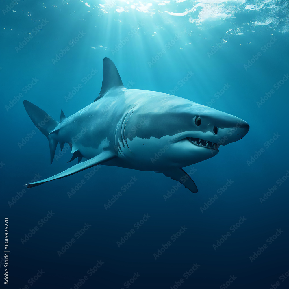 great white shark swimming in the deep blue ocean great white shark swimming in the deep blue ocean