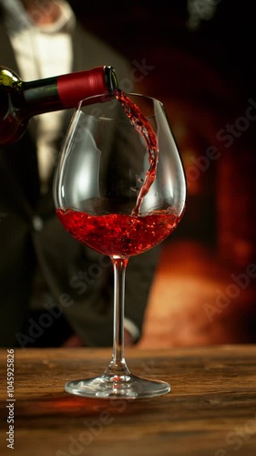 Close-up of red wine pouring into glass in wine cellar , slow motion , filmed on high speed cinematic camera at 1000 fps photo