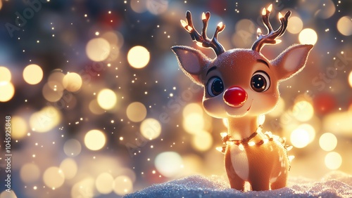 Adorable animated reindeer with festive lights, big eyes , red nose, spreading holiday cheer with a magical, warm ambiance.