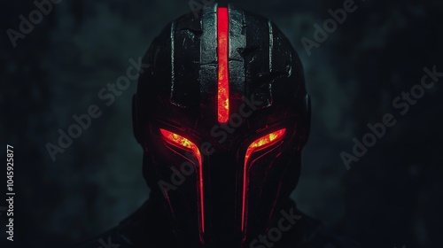 ancient spartan helmet with red glowing furutistic cyber eyes in the dark looking straight on dark background photo