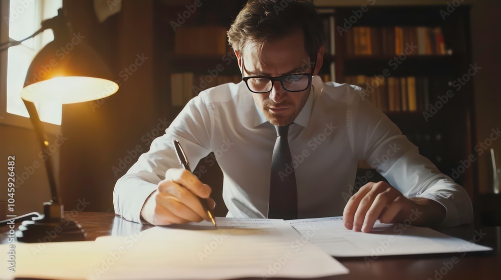 A businessman in a white shirt and tie sits at a desk in a library, concentrating on paperwork. A businessman in a white shirt and tie sits at a desk in a library, concentrating on paperwork.