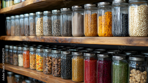 Fototapeta Naklejka Na Ścianę i Meble -  A well-organized pantry with glass jars filled with bulk spices and grains, eliminating single-use plastic