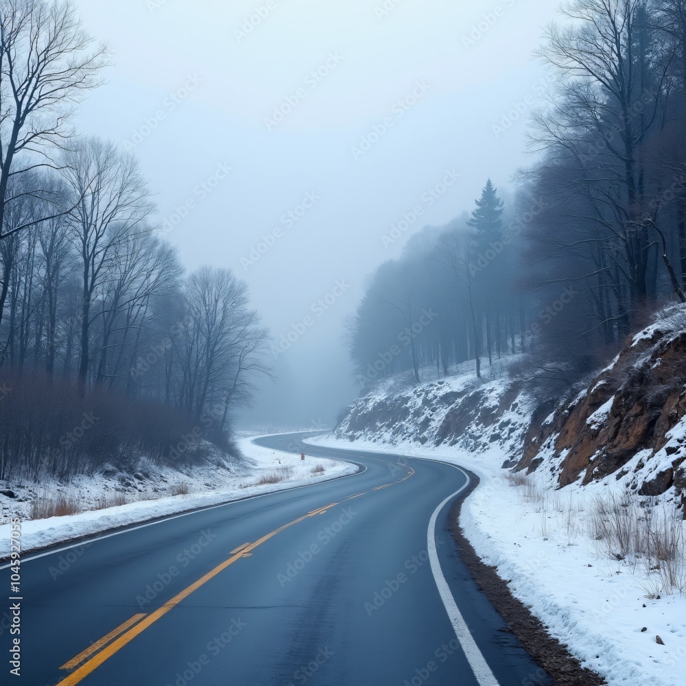 A foggy winter road through a snowy forest A foggy winter road through a snowy forest