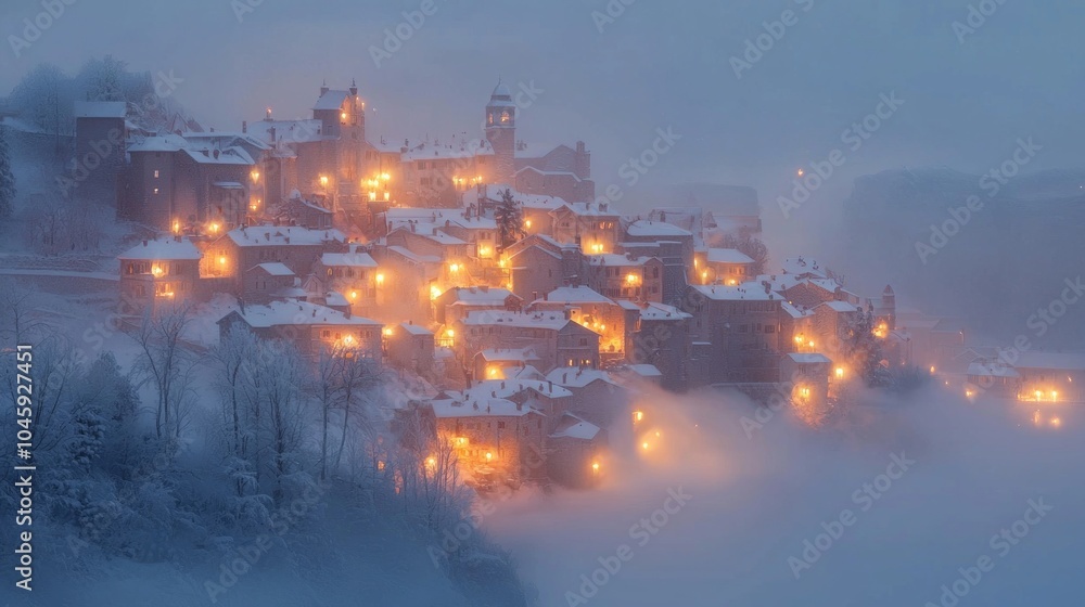 Enchanting Winter Evening in a Medieval Village: Snow-Covered Rooftops and Lantern Glow at Nightfall Enchanting Winter Evening in a Medieval Village: Snow-Covered Rooftops and Lantern Glow at Nightfall