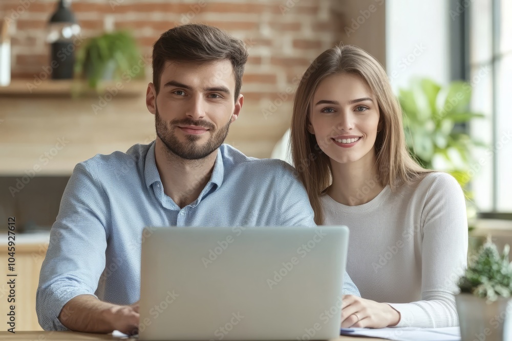 A young couple smiling at the camera while working on a laptop. A young couple smiling at the camera while working on a laptop.