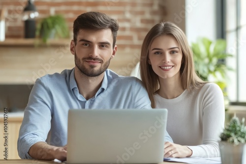 A young couple smiling at the camera while working on a laptop.