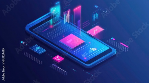 Wallpaper Mural A futuristic smartphone with glowing icons and data floating around it, on a dark blue background. Torontodigital.ca