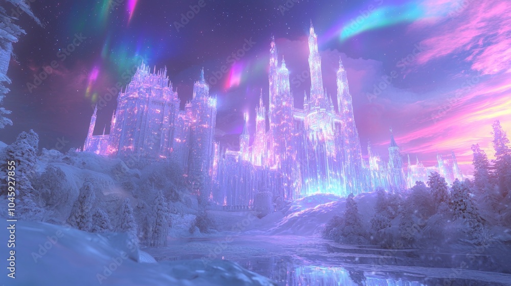 Fototapeta premium Enchanting Winter Night: Northern Lights Aurora over Medieval Castle in Snowy landscape - Ultra-Detailed Fantasy Image