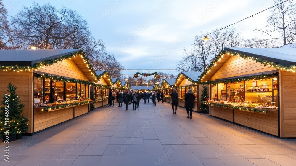 Wooden stalls adorned with lights and garlands create a warm, festive ambiance as visitors enjoy drinks at a holiday market. Wooden stalls adorned with lights and garlands create a warm, festive ambiance as visitors enjoy drinks at a holiday market.