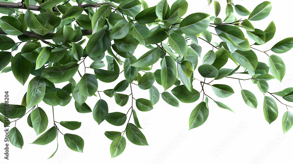 Lush green leaves of a tree branch, isolated on white background. Lush green leaves of a tree branch, isolated on white background.