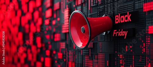 A red megaphone against the background of a high-tech black screen with red elements and the inscription 