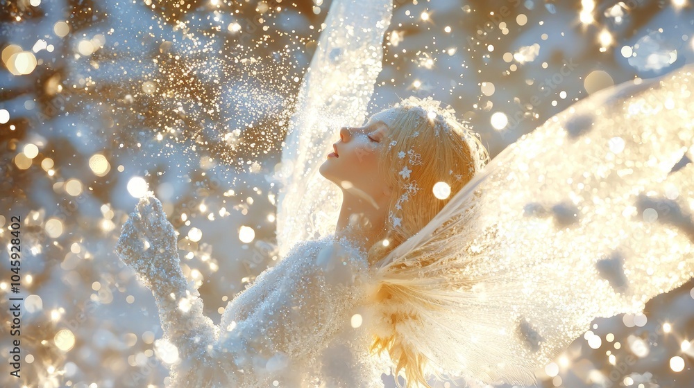 Winter Magic: Enchanting Snow Fairy Transforms Landscape with Glittering Dust in Medieval Fantasy Setting Winter Magic: Enchanting Snow Fairy Transforms Landscape with Glittering Dust in Medieval Fantasy Setting
