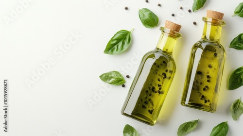 Two bottles of oil with basil and peppercorns on white background photo