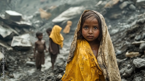 Resilience in Adversity: A Powerful Poster Depicting a Girl in Tattered Yellow Amidst Rocky Struggles – Perfect for Inspiring Sports Interiors and Community Spaces photo