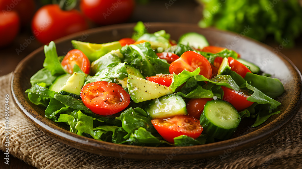 Fresh garden salad with tomatoes, cucumbers, and lettuce served on a rustic wooden table in a vibrant kitchen setting Fresh garden salad with tomatoes, cucumbers, and lettuce served on a rustic wooden table in a vibrant kitchen setting
