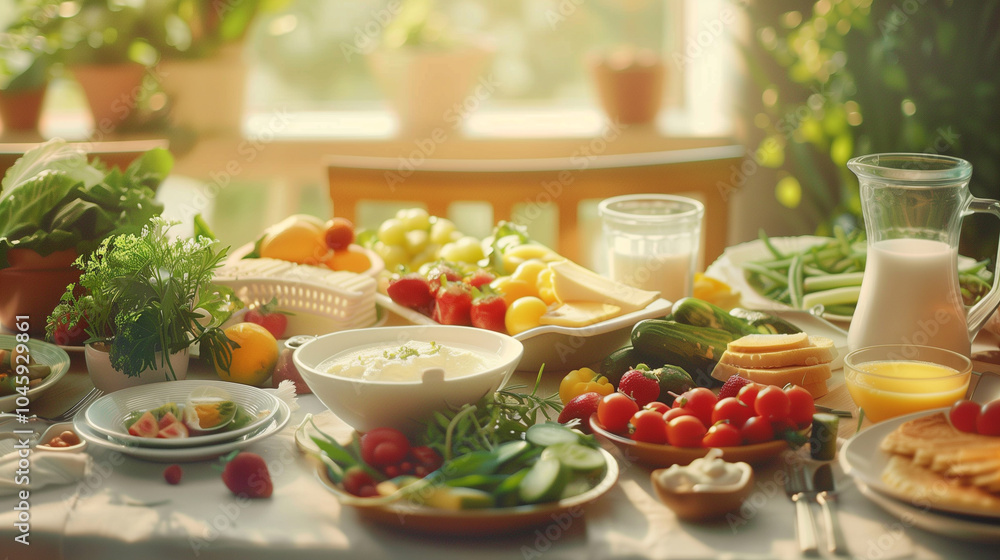 Vibrant table filled with fresh fruits, vegetables, dairy products. Healthy summer brunch. Sunlight streaming through the window enhances the fresh colorful ingredients. Image made using Generative AI Vibrant table filled with fresh fruits, vegetables, dairy products. Healthy summer brunch. Sunlight streaming through the window enhances the fresh colorful ingredients. Image made using Generative AI