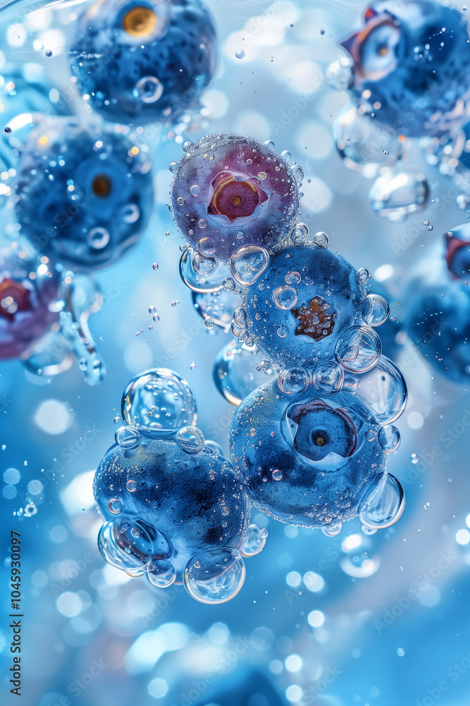 Blueberries splashing on a blue water with bubbles background, fresh juicy berries Blueberries splashing on a blue water with bubbles background, fresh juicy berries