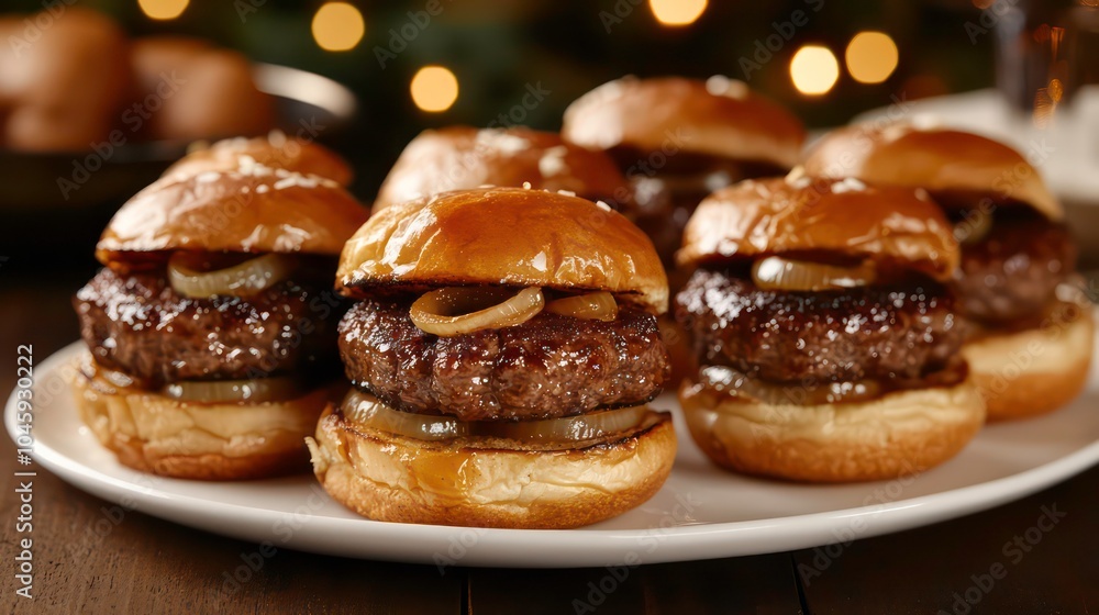 Six mini burgers with caramelized onions on a white plate. Six mini burgers with caramelized onions on a white plate.