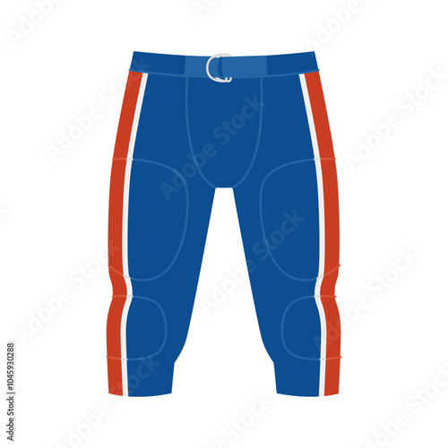 American football pants with thigh and knee pads. Professional sports player trousers. Blue and red uniform. Vector flat illustration isolated on white background