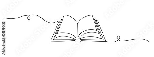 Opened book with flying page in one continuous line drawing. Education study and knowledge library concept in simple linear style. Editable stroke. Doodle vector illustration