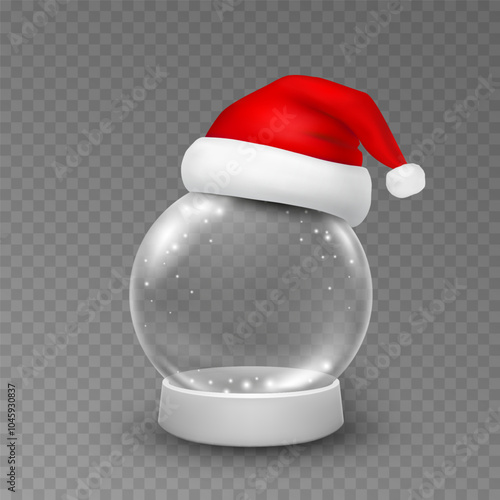 Snow globe with Santa Claus hat isolated on transparent background. Vector xmas glass ball ornament. 3d realistic Christmas snowglobe and red cap