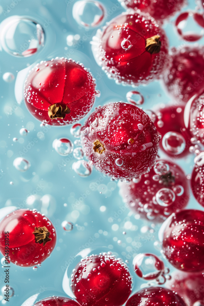 Currants splashing on a blue water with bubbles background, fresh juicy berries Currants splashing on a blue water with bubbles background, fresh juicy berries