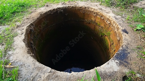 A deep dug well with straight walls covered with green moss and moisture. Processes of construction, drilling or providing water supply in the open air.