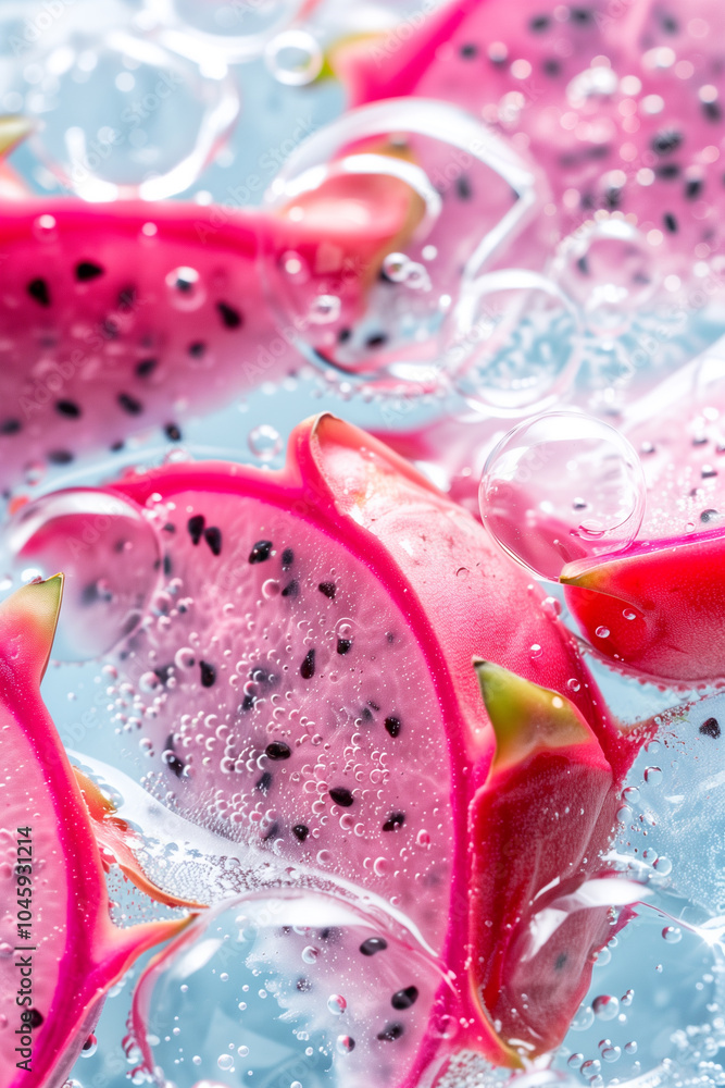 Dragonfruit splashing on a blue water with bubbles background, fresh juicy sliced fruits Dragonfruit splashing on a blue water with bubbles background, fresh juicy sliced fruits