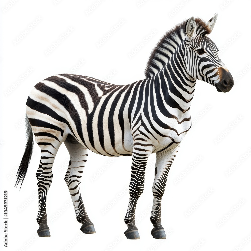 Fototapeta premium A zebra with black and white stripes standing on a white background.