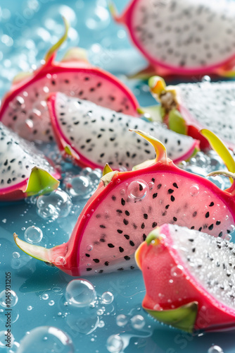 Dragonfruit splashing on a blue water with bubbles background, fresh juicy sliced fruits