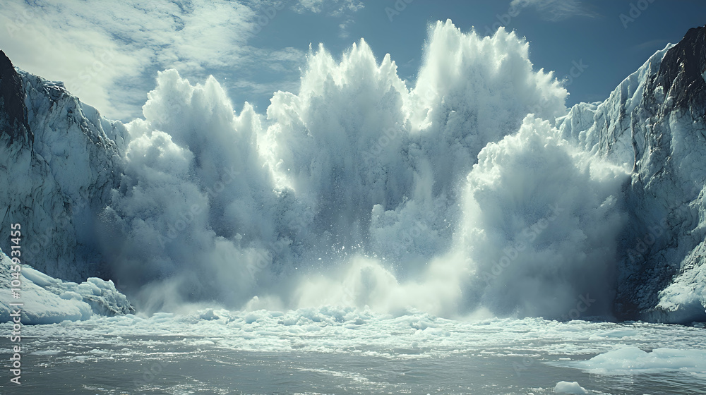 A glacier calving into the ocean, with large chunks of ice crashing into the water below A glacier calving into the ocean, with large chunks of ice crashing into the water below