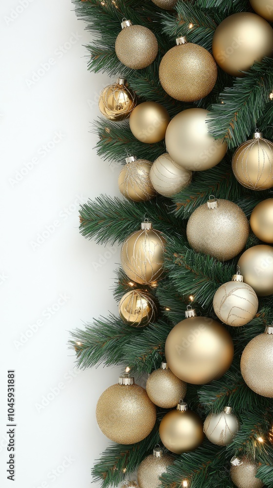 Delicate frost-covered Christmas tree branches are beautifully decorated with golden ornaments and pine cones, creating a festive flat lay design Delicate frost-covered Christmas tree branches are beautifully decorated with golden ornaments and pine cones, creating a festive flat lay design