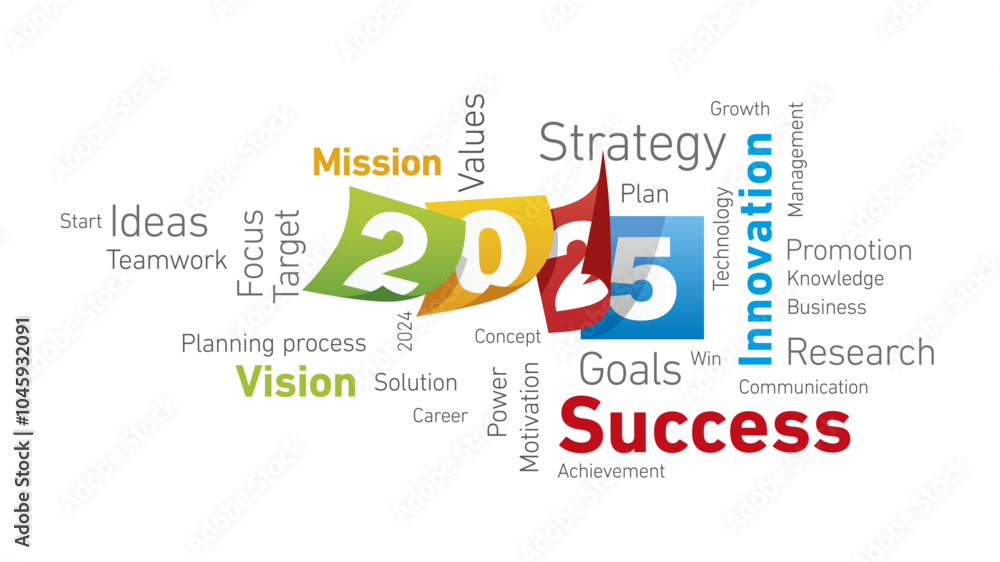 Obraz premium Success New Year 2025 shining colorful word cloud text and calendar sheets for 2025 isolated on white background