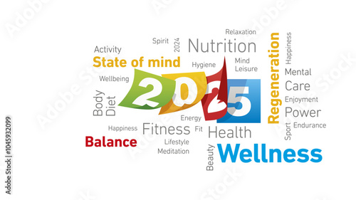 Wellness New Year 2025 shining colorful word cloud text and calendar sheets for 2025 isolated on white background