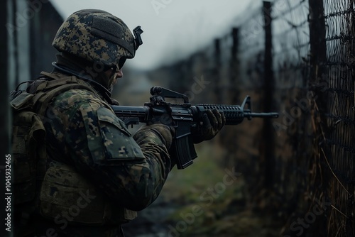 A soldier in camouflage gear holds a rifle, patrolling near a wire fence on a foggy day.