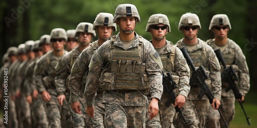 A group of uniformed soldiers march in formation through a forest, portraying discipline and unity.