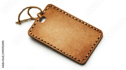 A blank, brown, leather tag with a twine string, isolated on a white background. photo