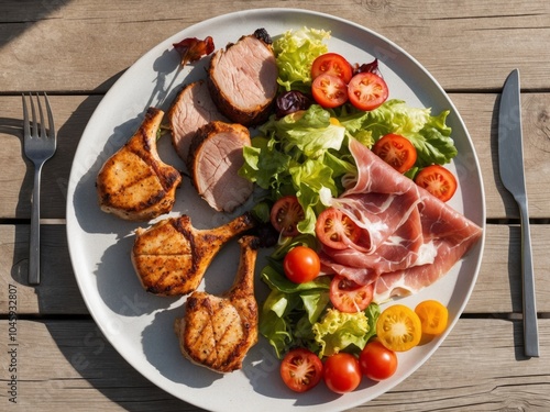 A simple meal featuring various meats and vegetables served together on a table. photo