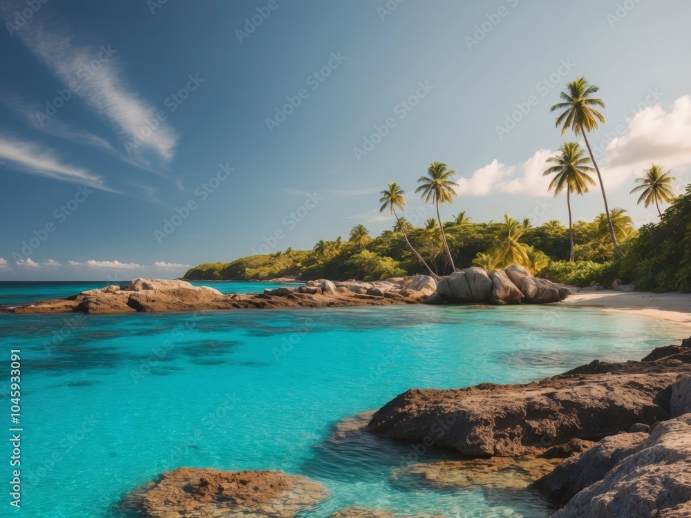 Fototapeta premium Crystal clear waters and rocky shoreline of tropical beach.