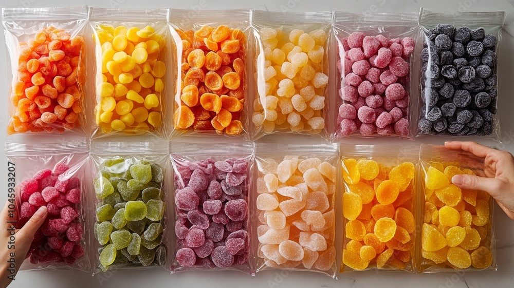 A selection of freeze-dried candies packaged in clear, resealable bags, with the bright colors and textures of the candies visible through the packaging A selection of freeze-dried candies packaged in clear, resealable bags, with the bright colors and textures of the candies visible through the packaging
