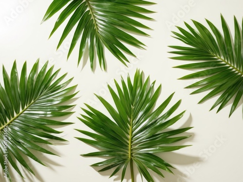 Tropical palm leaves on ivory background Summer concept Flat lay top view copy space.