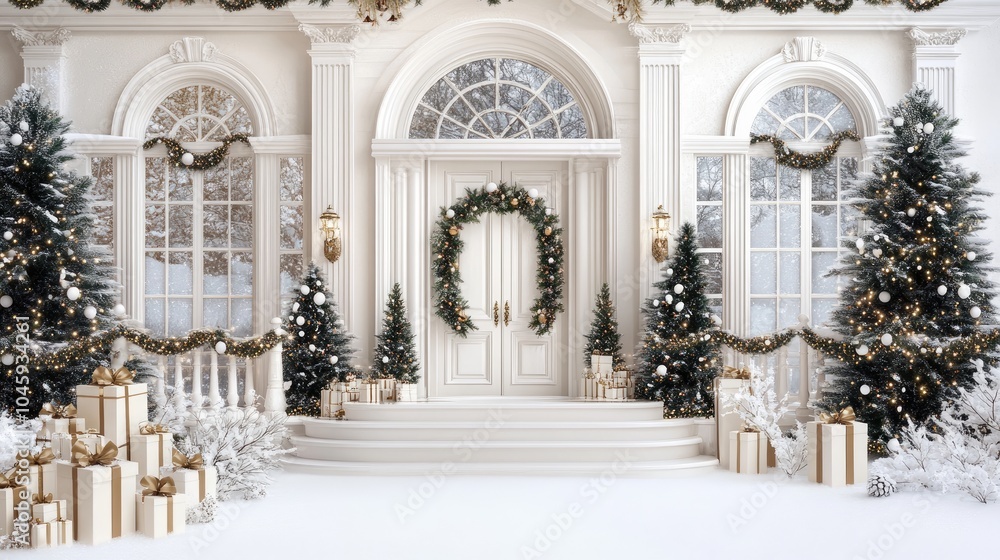 The entrance of a cafe is beautifully adorned with garlands, snow-covered trees, and gift boxes, creating a warm holiday atmosphere The entrance of a cafe is beautifully adorned with garlands, snow-covered trees, and gift boxes, creating a warm holiday atmosphere