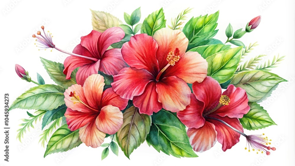 Obraz premium Watercolor red tropical hibiscus bouquet painting