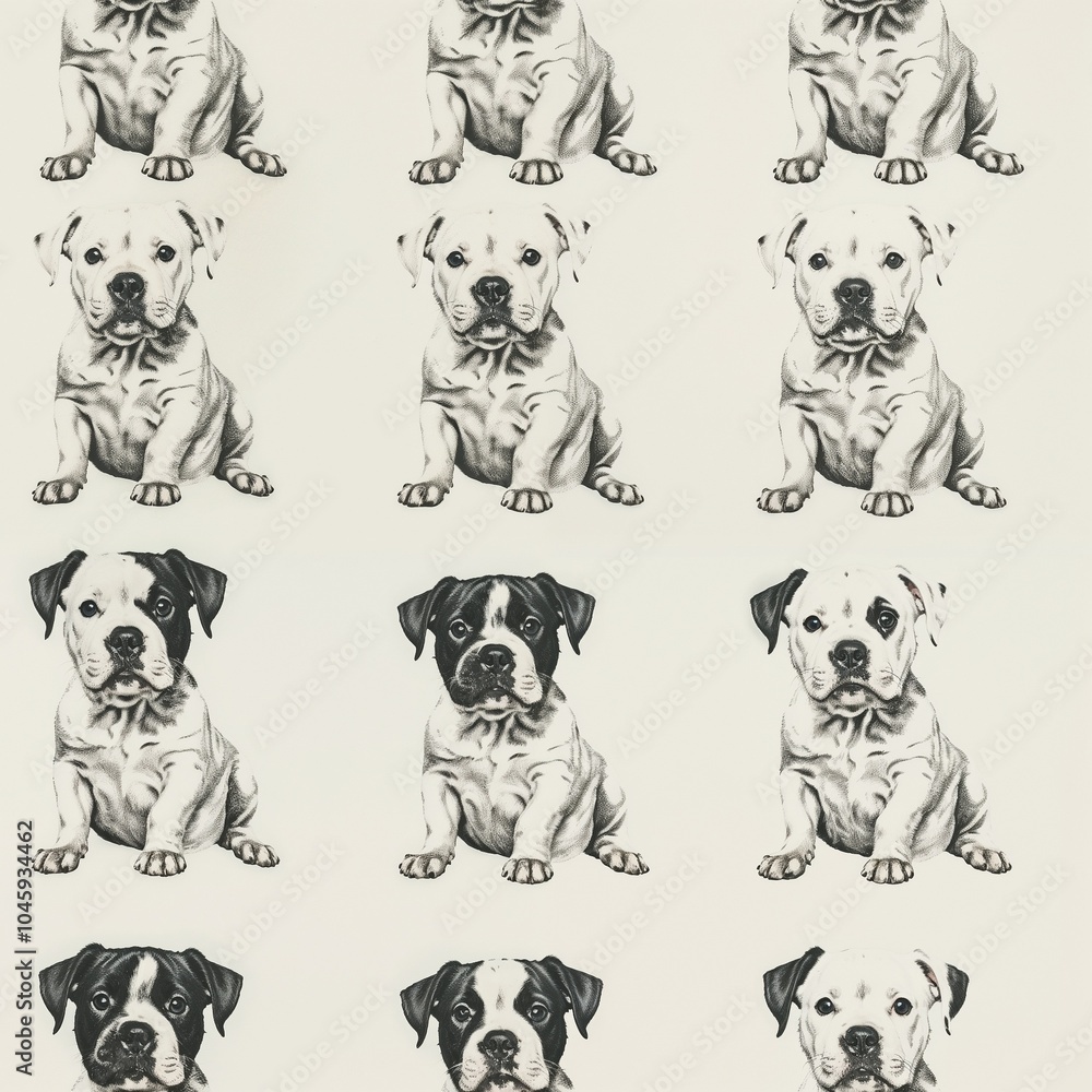 Obraz premium Seamless pattern of cute puppies in black and white colors on a white background