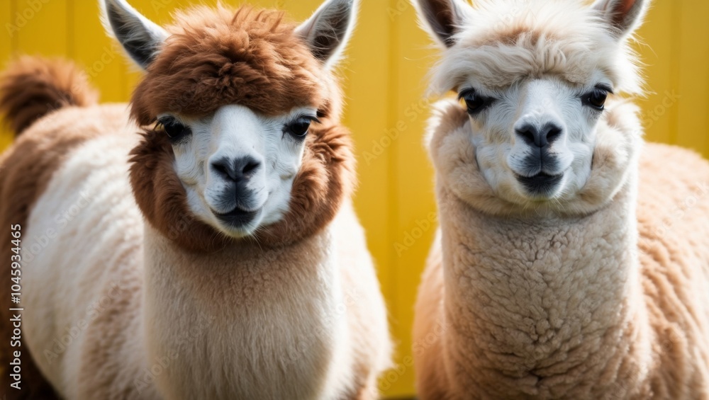 Two Cute Llamas with Brown and White Coats on a Yellow Background.