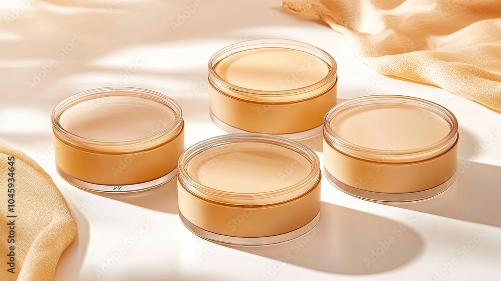 Three minimalist beige light podiums arranged for a sleek cosmetic product presentation, with soft shadows and elegant design. Three minimalist beige light podiums arranged for a sleek cosmetic product presentation, with soft shadows and elegant design.