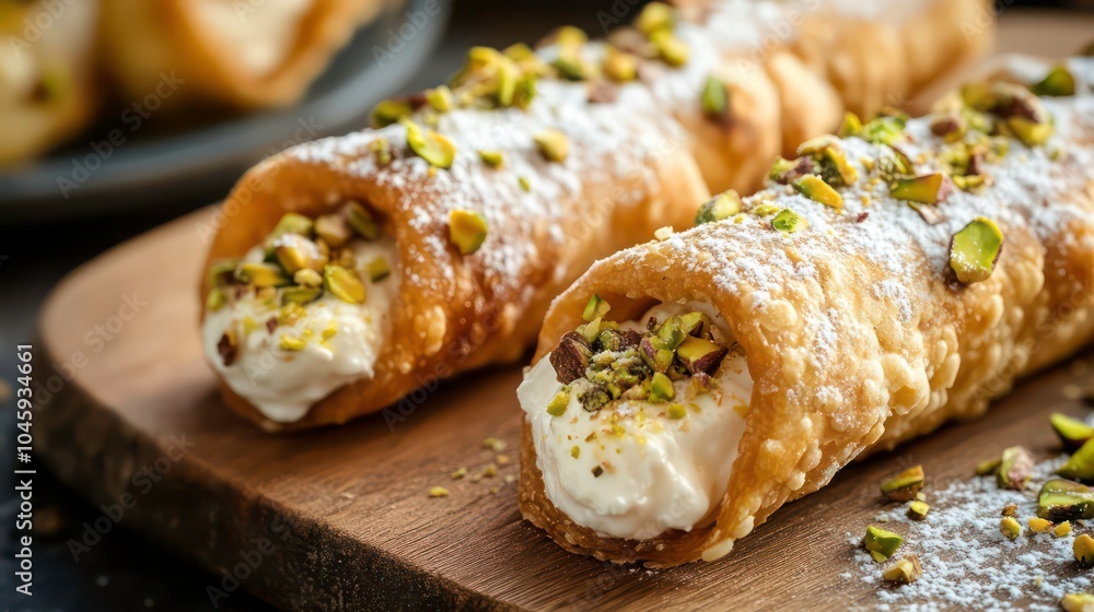 Two cannoli filled with whipped cream and topped with pistachios and powdered sugar. Two cannoli filled with whipped cream and topped with pistachios and powdered sugar.