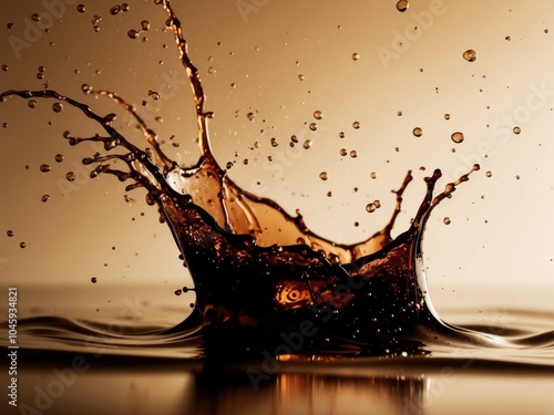 dynamic close up of splashing cola with bubbles and golden tones. photo